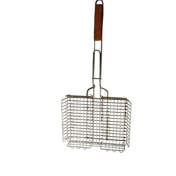 BBQ Grill Basket Barbecue Meat Fish Vegetable Holder 12 x 26 Wood Handle - Picture 3 of 7